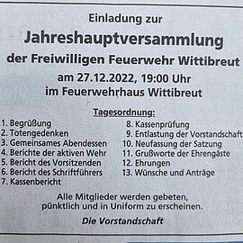 Banner Jahreshauptversammlung der Freiwilligen Feuerwehr Wittibreut